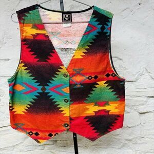 EMI Vintage Aztec Print Vest Southwest Colorful 1990s Cowboy Western Flannel USA